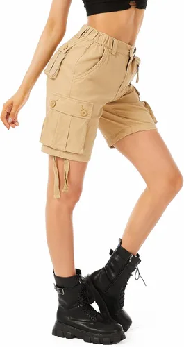 Vista 8 de Raroauf Bermudas de sarga de algodón para mujer, estilo casual, con múltiples bolsillos