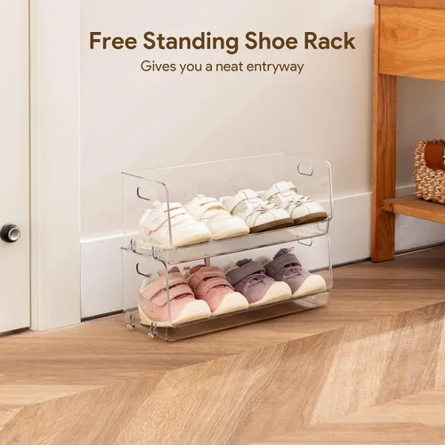 Vista 5 de HBlife Zapatero de acrílico transparente para niños, organizador de almacenamiento de zapatos para bebé, piso, entrada, dormitorio, 2 niveles