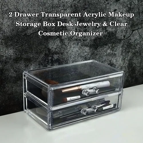 Vista 9 de Organizador de maquillaje de acrílico transparente con 2 cajones, caja de almacenamiento de maquillaje de escritorio y organizador de cosméticos