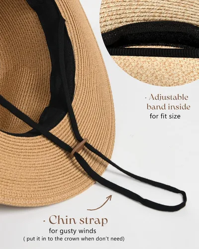 Vista 4 de FURTALK Womens Mens Wide Brim Straw Panama Hat Fedora Summer Beach Sun Hat UPF Straw Hat for Women
