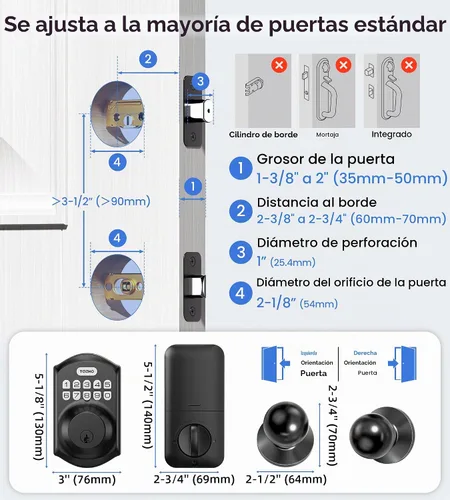 Vista 6 de TEEHO TE001K Cerradura de puerta de entrada sin llave con perilla para Negro mate