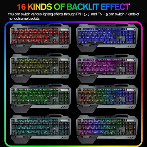 Vista 3 de Teclado y mouse inalámbricos, juego de ratón y teclado recargables de arco iris