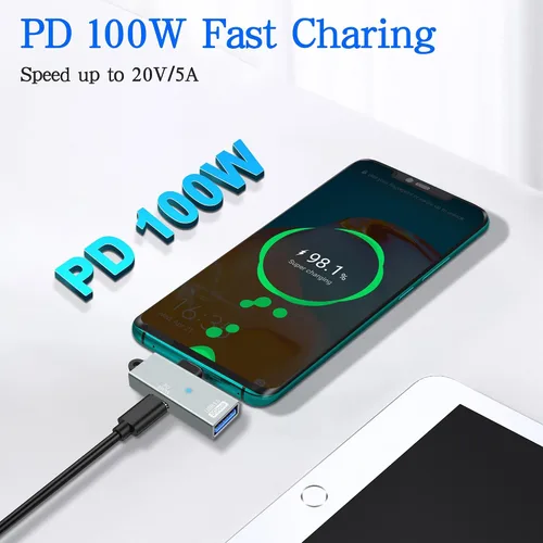 Vista 4 de MEIRIYFA Adaptador OTG USB-C a USB 3.0 2 en 1, USB C de ángulo recto macho a USB 3.0 hembra convertidor de 5Gbps con puerto de carga PD de 100 W