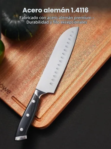 Vista 2 de Santoku - Cuchillo de 7 pulgadas, hoja alemana de acero inoxidable, cuchillo de corte profesional, mango ergonómico de madera de Pakkawood