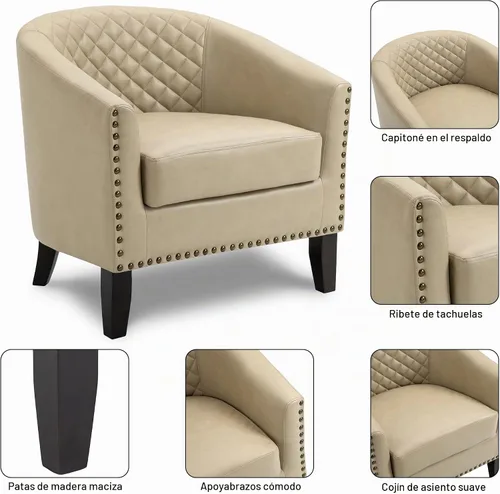 Vista 4 de Pia Ricco Silla de Acento Tipo Barril de Cuero Sintético, Silla de Club Moderna con Brazos, Cómoda Silla Individual Tapizada con Patas de Madera