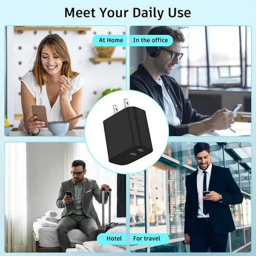 Vista 2 de Paquete de 3 bloques de cargador USB C, enchufe de pared rápido de 20 W de doble puerto (negro) Bloque USB C de carga rápida PD de 20 W