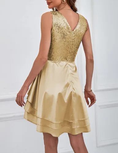 Vista 2 de Lrady - Vestido corto para mujer con lentejuelas brillantes, escote en V, con vuelo, para fiestas, club o cóctel, estilo vestido de patinadora