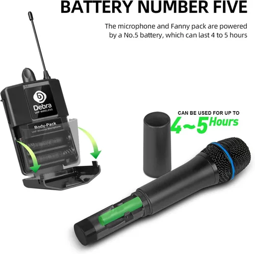 Vista 6 de D Debra Audio AU200 Pro UHF Sistema de micrófono inalámbrico de 2 canales con micrófonos de diadema lavalier inalámbricos de mano, receptor