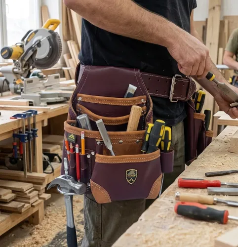 Vista 7 de PRO-15 - Cinturón de cuero y uñas de carpintero de 8 bolsillos con bolsa de herramientas de cuero genuino (MAROON)