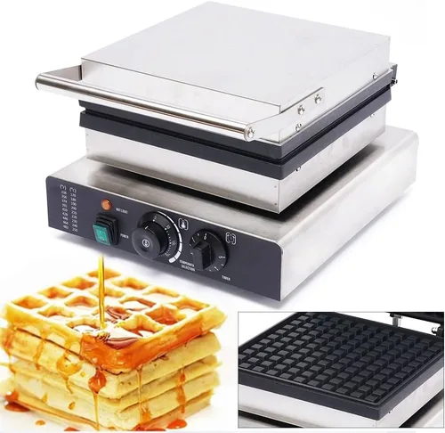 Vista 3 de Máquina de gofres antiadherente, 2000 W, de acero inoxidable, rectangular, belga con control de temperatura y tiempo, para restaurante, panadería