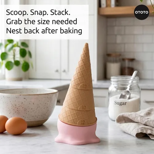 Vista 4 de OTOTO Coney - Juego de tazas medidoras de helado – Juego de tazas medidoras de plástico desmontables para hornear y cocinar, bonitas tazas medidoras