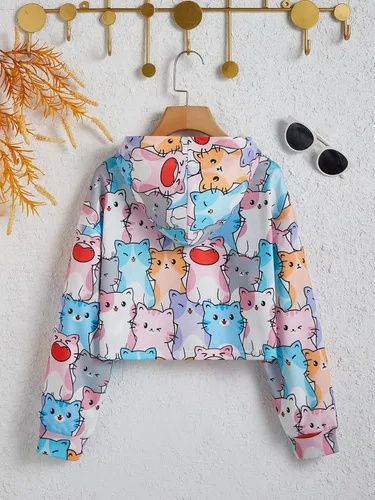 Vista 2 de SOLY HUX Girl's Cartoon Graphic Hoodies Cat Print Long Sleeve Pullover Crop Tops Cute Sweatshirt