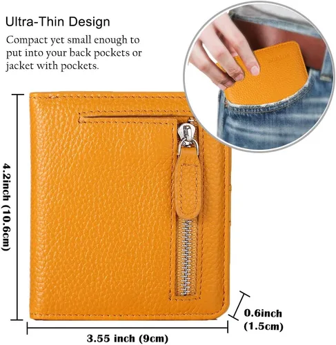 Vista 6 de Funtor Cartera de cuero para mujer, pequeña y compacta, con bolsillo doble, bloqueo RFID, para mujer