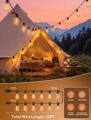 Vista 2 de 25FT LED Outdoor String Lights, ST38 Patio Lights Waterproof with 25 Shatterproof Edison Bulbs, Connectable Outside Hanging Light for Porch, Garden