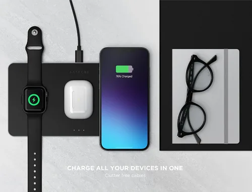 Vista 3 de Satechi Trio - Cargador inalámbrico con almohadilla magnética, certificado Qi, compatible con iPhone 16 Pro Max/16 Pro/16/16 Plus, AirPods Pro/Gen