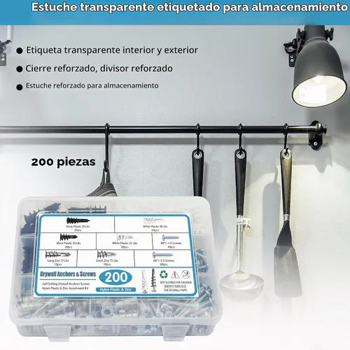 Vista 6 de Kit de anclajes y tornillos de pared en seco, 200 anclajes de pared autoperforantes y tornillos para paneles de yeso, chapa, puerta hueca, pared