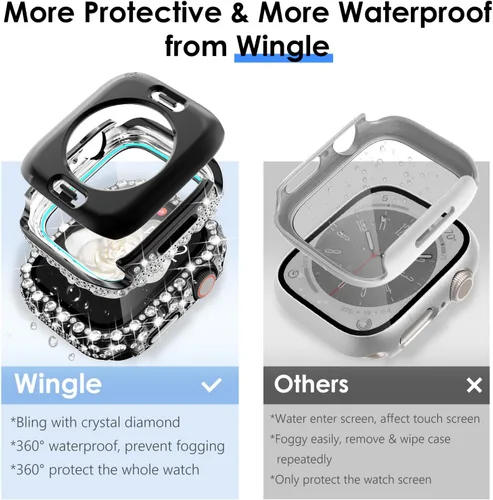 Vista 8 de Wingle 2 en 1 Funda impermeable para Apple Watch 40mm Protector de pantalla SE 3/2/1 Series 6 5 4, Bling Lace Edge Diamond Cara Cubierta Completa