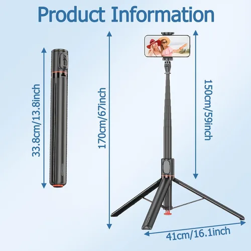 Vista 7 de ORMOS Trípode para selfie de apertura automática con control remoto magnético, aleación de aluminio premium, extensible de 67 pulgadas