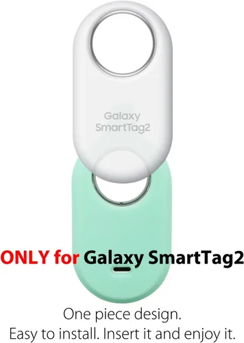 Vista 2 de Funda de silicona para Galaxy SmartTag2 con llavero, paquete de 2 fundas protectoras antiarañazos con mosquetón (morado/verde menta)