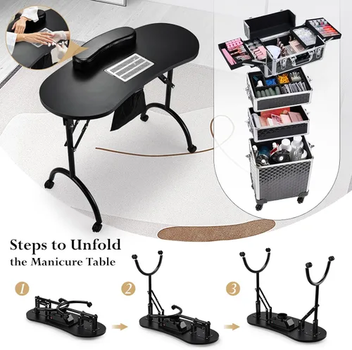 Vista 3 de Faquenc Mesa de manicura plegable para uñas con colector de polvo + estuche de maquillaje 4 en 1 rodante para estilistas móviles, artistas, salón