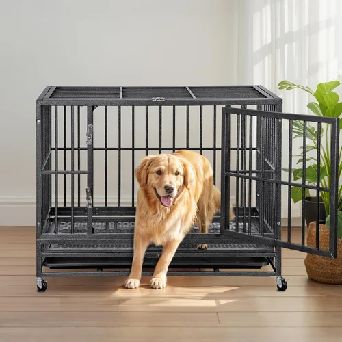 Vista 7 de Jaula de perro indestructible resistente de 38 pulgadas, a prueba de escape, jaula de acero a prueba de mordidas para perros de alta ansiedad