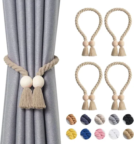 Vista 45 de NICEEC 2 Pack de Alzapaños Magnéticos de Madera en Forma de Cubo Boho para Decoración del Hogar, Alzapaños de Lino Tejidos a Mano para Cortinas Beige