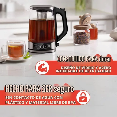 Vista 8 de Gourmia Hervidor digital programable de vidrio – Hervidor eléctrico de temperatura ajustable de 1.7 L con 6 ajustes preestablecidos, mantiene