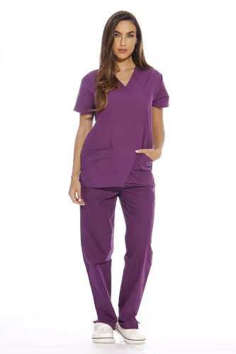 Vista 25 de Just Love Juego de uniforme médico para mujer de seis bolsillos con cuello en V y pantalón cargo Negro