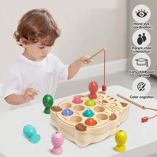 Vista 3 de Juego de pesca para niños de 3 a 5 años, madera Montessori Educación preescolar Aprendizaje Mano-Ojo Cognición y Habilidad Motora Fina Clasificación
