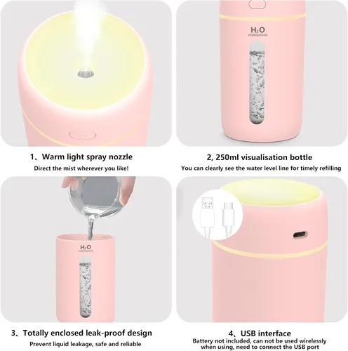 Vista 4 de Lisacool Humidificador pequeño, mini humidificador portátil para dormitorio, oficina, automóvil, viajes con luz nocturna, apagado automático, súper