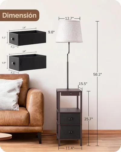 Vista 7 de EDISHINE Lámpara de pie con mesa regulable USB-A+puerto tipo C, nogal Madera de nogal