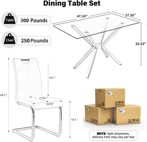 Vista 2 de 5-Piece 47" Dining Table with 4 PU Leather Chairs, Modern Dining Table Set for 4, Rectangle Black Top Kitchen Table with Black Metal Legs for Dining