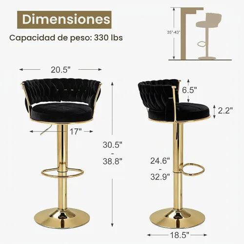Vista 3 de VECELO Juego de 2 taburetes de bar, taburetes de bar ajustables de altura de mostrador con respaldo y brazo, taburetes de isla de cocina tejidos