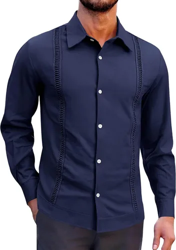 Vista 10 de Camisas de guayabera cubana para hombre, manga corta, sin doblar, con botones, color sólido, camisas de boda para trabajo, camisas casuales