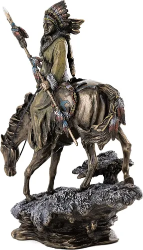 Vista 2 de Top Collection Plains Indian Riding Roans Horse in Snowy Road Estatua – Escultura indígena nativa americana en bronce fundido en frío de primera