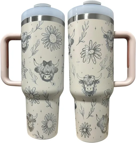 Vista 9 de Botella de agua de acero inoxidable de 40 oz taza Longhorn Bottle Bull Tumbler Cow Gift Western Water Bottle Cup (24oz Cream(90)-Longhorn (D35))