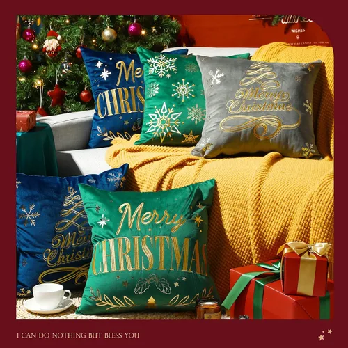 Vista 7 de Lewondr Fundas de almohada de Navidad, bordado de árbol de Navidad, patrón de estampado en caliente, fundas de almohada de terciopelo holandés