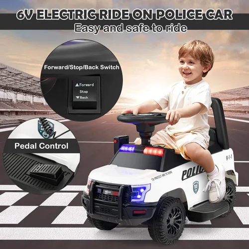 Vista 3 de GLACER Coche de policía para niños, auto de juguete eléctrico a batería de 6 V con megáfono real, música, luces intermitentes de sirena y faros