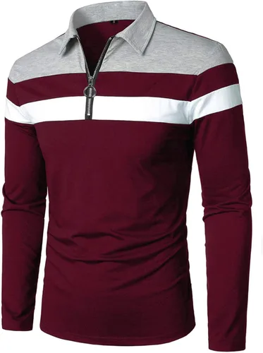 Vista 2 de YTD Polo de manga larga para hombre con cremallera de un cuarto casual ajustado cuello de solapa camisas de algodón de diseño básico