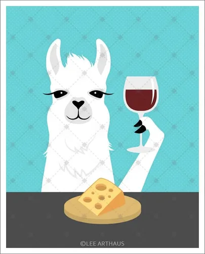 Vista 2 de Lee ArtHaus - Impresión artística de pared con diseño de llama blanca para beber vino y comer queso, sin marco