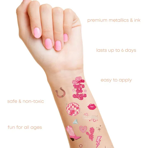 Vista 5 de Flash Tattoos Disco - Tatuajes temporales para niña de vaca 66 tatuajes metálicos Vaquera, decoración de fiesta de Bach, Giddy Up, regalo