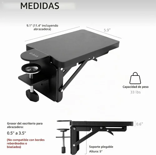 Vista 5 de VIVO Extensor de Escritorio con Abrazadera de 6 x 9 Pulgadas (11 Incluyendo Abrazaderas), Soporte para Muñeca, Bandeja Reposabrazos, Soporte de Mesa