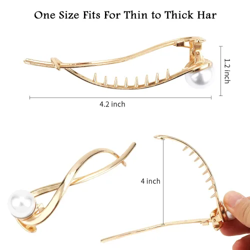 Vista 4 de Ahoney 4 pasadores de perlas para mujer, pinzas francesas 4.2 con perlas elegantes para cabello grueso (plata + dorado)