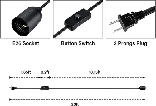 Vista 4 de Simple Deluxe - Cordón de lámpara colgante de linterna de 15 pies con enchufe E26, con interruptor de encendido/apagado (bombilla no incluida)