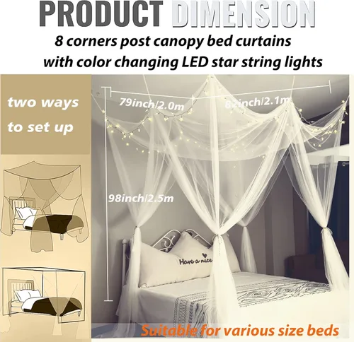 Vista 6 de Obrecis - Dosel de cama blanco con luces de estrella para niñas, cortinas de cama de princesa de 8 esquinas con 100 luces LED en forma de estrella