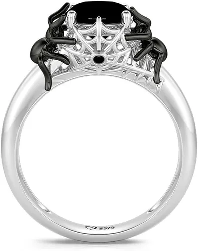Vista 8 de Jeulia Anillo de plata de corte redondo anillo gótico de plata de ley Hug Me araña negra, anillo de moda para aniversario, compromiso, boda