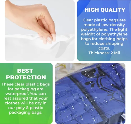 Vista 4 de Bolsas de embalaje transparentes, 12 x 18 pulgadas. Paquete de 100 bolsas de plástico de polietileno para ropa o juguetes. Embalaje de camisa