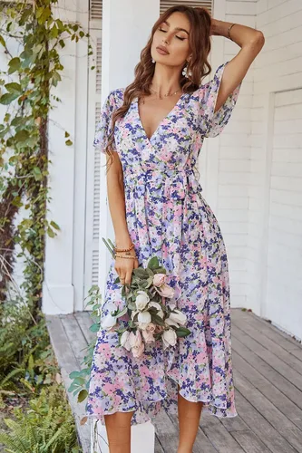 Vista 2 de PRETTYGARDEN - Vestido floral para mujer estilo bohemio, cruzado, con cuello en V, manga corta, con cinturón, dobladillo con volantes, acampanado