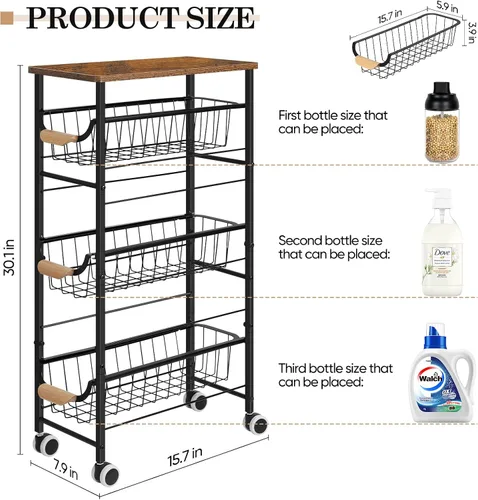 Vista 6 de Shinoske Carrito de almacenamiento delgado y rodante, carrito de cocina con ruedas de 4 niveles, carrito utilitario estrecho con cesta extraíble
