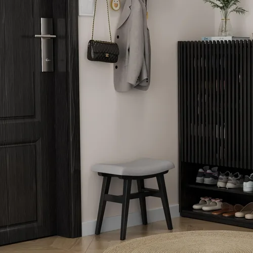 Vista 9 de Taburete de tocador pequeño de madera maciza, silla de maquillaje compacta con cojín de sillín, asiento de esponja de alto rebote cubierto de lino